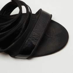 Pre Owned Chanel Black Patent Leather and Fabric Ankle Strap Sandals Size 38.5
