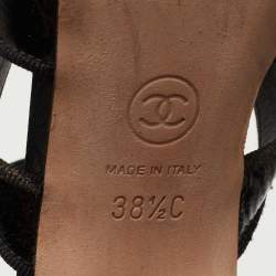 Pre Owned Chanel Black Patent Leather and Fabric Ankle Strap Sandals Size 38.5