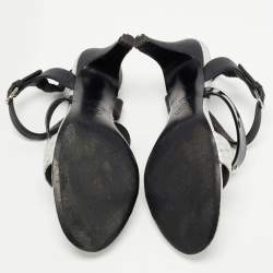 Chanel Black/Silver Leather and Python CC Ankle Strap Sandals Size 39.5