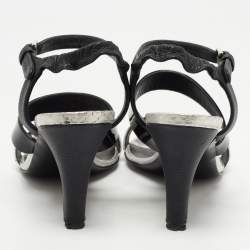 Chanel Black/Silver Leather and Python CC Ankle Strap Sandals Size 39.5