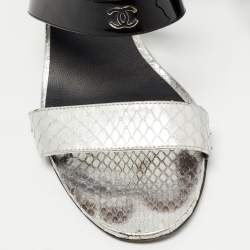 Chanel Black/Silver Leather and Python CC Ankle Strap Sandals Size 39.5