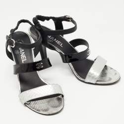 Chanel Black/Silver Leather and Python CC Ankle Strap Sandals Size 39.5
