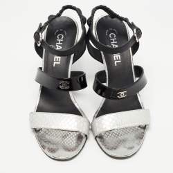 Chanel Black/Silver Leather and Python CC Ankle Strap Sandals Size 39.5