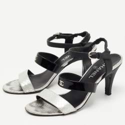 Chanel Black/Silver Leather and Python CC Ankle Strap Sandals Size 39.5