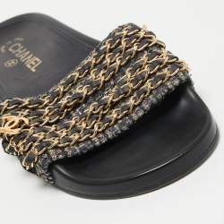 Chanel Multicolor Tweed and Leather Tropiconic Chain Slides Flats Size 39