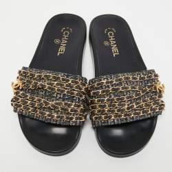 Chanel Multicolor Tweed and Leather Tropiconic Chain Slides Flats Size 39