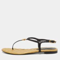 Chanel Black/Gold Leather CC Thong Slingback Flat Sandals Size 38