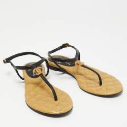 Chanel Black/Gold Leather CC Thong Slingback Flat Sandals Size 38