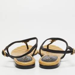 Chanel Black/Gold Leather CC Thong Slingback Flat Sandals Size 38