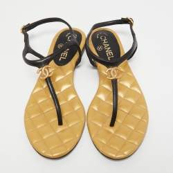 Chanel Black/Gold Leather CC Thong Slingback Flat Sandals Size 38