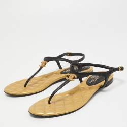 Chanel Black/Gold Leather CC Thong Slingback Flat Sandals Size 38
