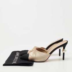 Pre Owned Chanel Beige/Black Satin and Canvas CC Faux Pearl Embellished Heel  Mules Size 39