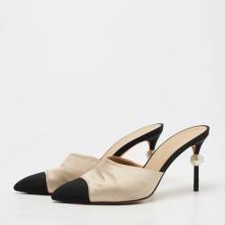 Pre Owned Chanel Beige/Black Satin and Canvas CC Faux Pearl Embellished Heel  Mules Size 39