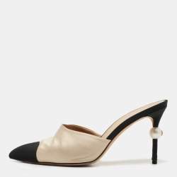 Chanel Beige/Black Satin and Canvas CC Faux Pearl Embellished Heel Mules  Size 39 Chanel