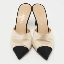 Pre Owned Chanel Beige/Black Satin and Canvas CC Faux Pearl Embellished Heel  Mules Size 39