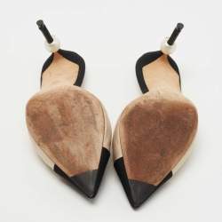 Pre Owned Chanel Beige/Black Satin and Canvas CC Faux Pearl Embellished Heel  Mules Size 39