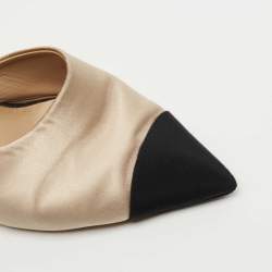 Pre Owned Chanel Beige/Black Satin and Canvas CC Faux Pearl Embellished Heel  Mules Size 39