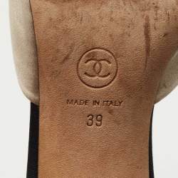 Pre Owned Chanel Beige/Black Satin and Canvas CC Faux Pearl Embellished Heel  Mules Size 39