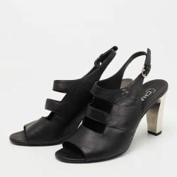 Pre Owned Chanel Black Leather CC Cutout Ankle Strap Sandals Size 39