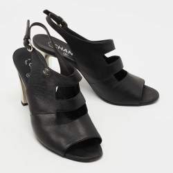 Pre Owned Chanel Black Leather CC Cutout Ankle Strap Sandals Size 39