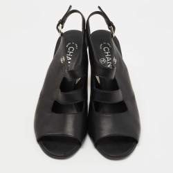 Pre Owned Chanel Black Leather CC Cutout Ankle Strap Sandals Size 39