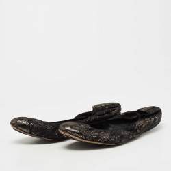 Pre Owned Chanel Metallic Bronze/Black Lace and Mesh CC Scrunch Ballet Flats Size 39