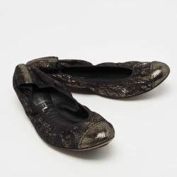 Pre Owned Chanel Metallic Bronze/Black Lace and Mesh CC Scrunch Ballet Flats Size 39