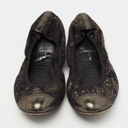 Pre Owned Chanel Metallic Bronze/Black Lace and Mesh CC Scrunch Ballet Flats Size 39