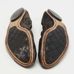 Pre Owned Chanel Metallic Bronze/Black Lace and Mesh CC Scrunch Ballet Flats Size 39