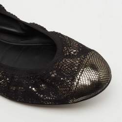Pre Owned Chanel Metallic Bronze/Black Lace and Mesh CC Scrunch Ballet Flats Size 39