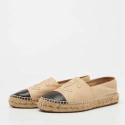 Chanel Beige/Black Leather CC Espadrille Flats Size 38