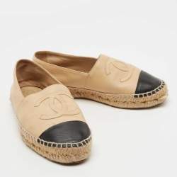 Chanel Beige/Black Leather CC Espadrille Flats Size 38