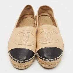 Chanel Beige/Black Leather CC Espadrille Flats Size 38