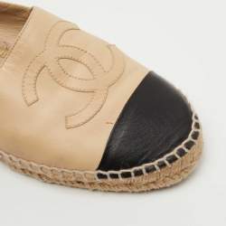 Chanel Beige/Black Leather CC Espadrille Flats Size 38