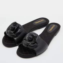 Pre Owned Chanel Black Leather CC Camellia Slide Flat Slides Size 37.5