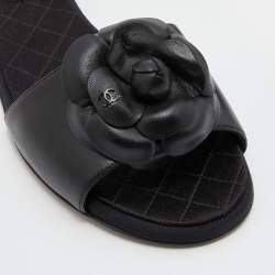 Pre Owned Chanel Black Leather CC Camellia Slide Flat Slides Size 37.5