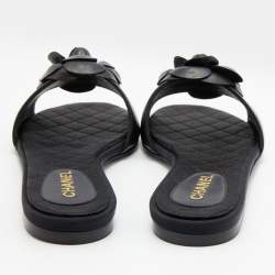 Pre Owned Chanel Black Leather CC Camellia Slide Flat Slides Size 37.5