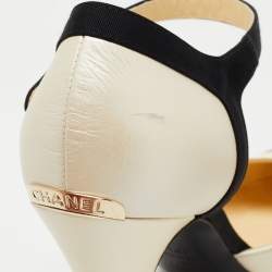 Chanel Cream/Black Canvas and Leather Pointed Cap Toe Ankle Strap Pumps Size 38.5