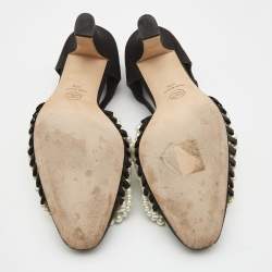 Chanel Black Canvas Pearl Embellished CC Ankle Strap Pumps Size 38.5
