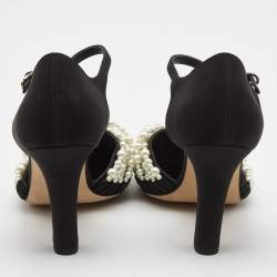 Chanel Black Canvas Pearl Embellished CC Ankle Strap Pumps Size 38.5