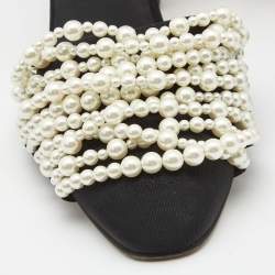 Chanel Black Canvas Pearl Embellished CC Ankle Strap Pumps Size 38.5