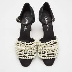 Chanel Black Canvas Pearl Embellished CC Ankle Strap Pumps Size 38.5