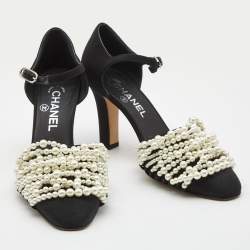 Chanel Black Canvas Pearl Embellished CC Ankle Strap Pumps Size 38.5