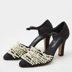 Chanel Black Canvas Pearl Embellished CC Ankle Strap Pumps Size 38.5
