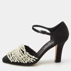 Chanel Black Canvas Pearl Embellished CC Ankle Strap Pumps Size 38.5
