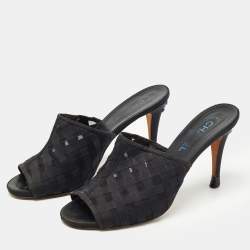 Pre Owned Chanel Black Mesh and Canvas CC Mules Size 41