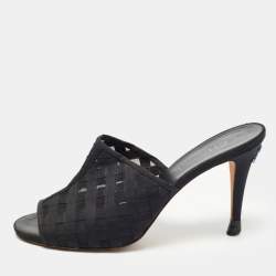 Pre Owned Chanel Black Mesh and Canvas CC Mules Size 41