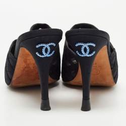 Pre Owned Chanel Black Mesh and Canvas CC Mules Size 41