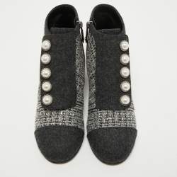 Chanel Grey Embellished Tweed Faux Pearl Ankle Boots Size 38.5