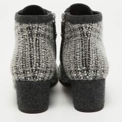Chanel Grey Embellished Tweed Faux Pearl Ankle Boots Size 38.5